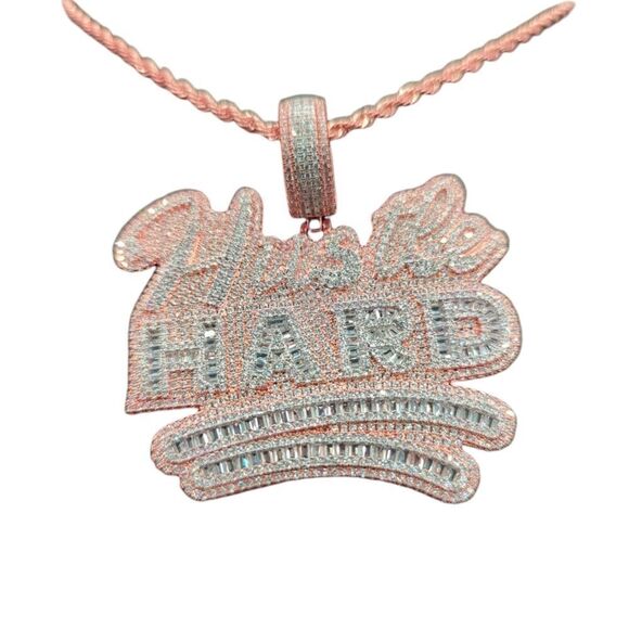 14K Rose Gold Finish Hustle Hard - Free 24inch x 3mm Rope Chain. - Picture 6 of 8